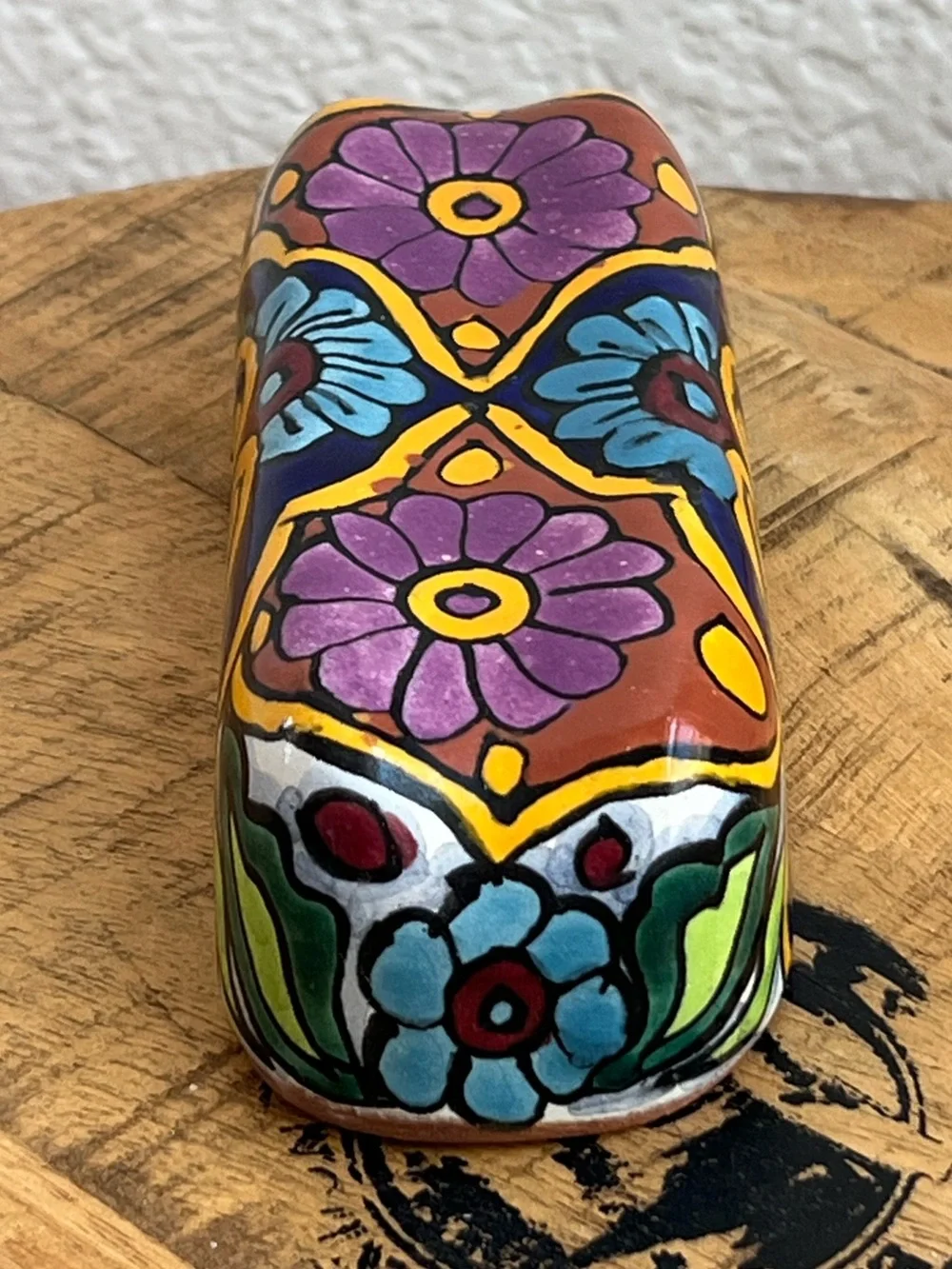 Mexican Folk Art Handmade Talavera Red Clay Pottery Butter Dish Colorful